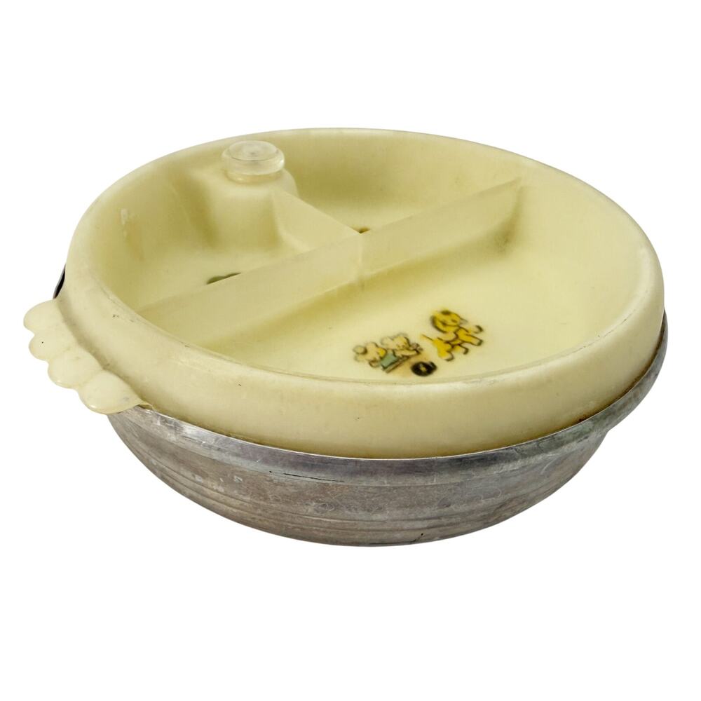 vintage metal & plastic Baby Feeding Bowl warming dish divided plate bears horse